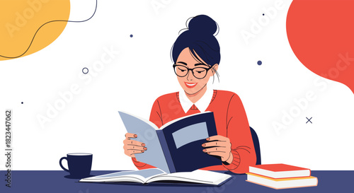 A cheerful young woman with glasses happily reads a book at a desk, surrounded by educational materials, embodying focus and a love for learning.