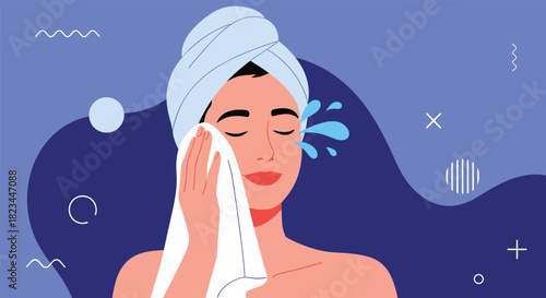 A young woman wearing a towel on her head gently cleanses her face with a soft cloth, engaged in a refreshing skincare routine.