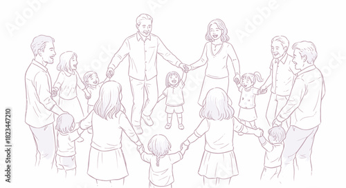 Large multigenerational family holding hands together in a circle sketch.