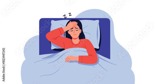 A young woman lies in bed looking sick, holding her hand to her forehead, suffering from a headache, fever, or inability to sleep.