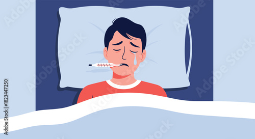A young man lies in bed, looking sad and ill with a thermometer in his mouth, indicating a fever or sickness.