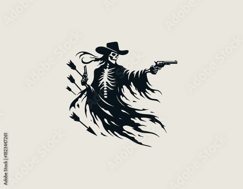 Dramatic black silhouette of an intimidating cowboy skeleton phantom wearing a western hat and tattered cloak, aggressively firing dual revolvers while being pierced by multiple arrows