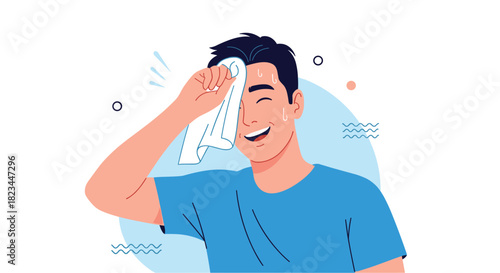 A smiling man in a blue t-shirt wiping sweat from his forehead with a white towel after a workout or on a hot day.