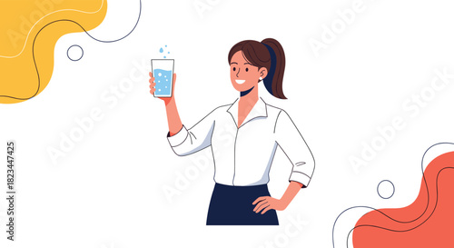 A cheerful young woman in a business casual outfit smiles while holding a refreshing glass of water, promoting health and hydration.