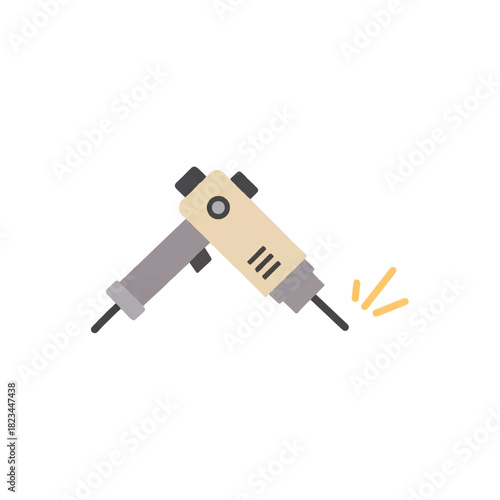 A cartoon of a beige and gray jackhammer with yellow sparks