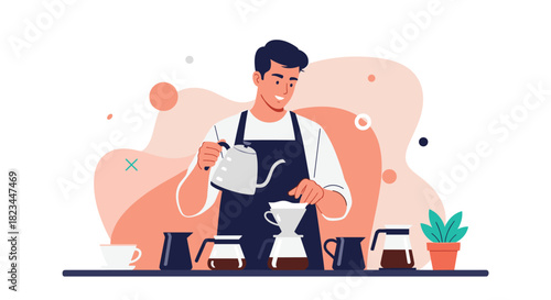 A friendly barista meticulously pours water from a gooseneck kettle into a coffee dripper to make delicious pour-over coffee.