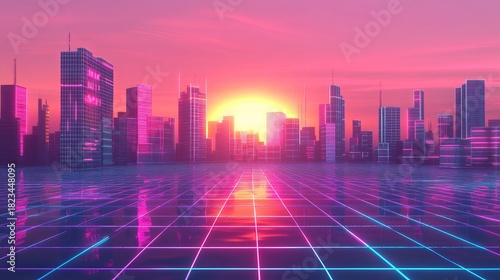 A vibrant retrofuturistic cityscape with a glowing grid road and sunset