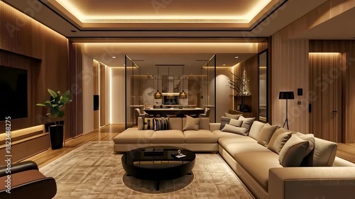 Luxurious modern living room with warm ambient lighting, elegant furniture, spacious layout, and refined interior design creating a sophisticated atmosphere