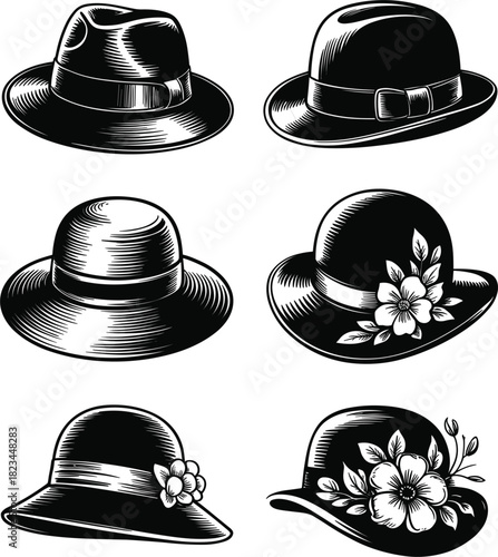 Collection of black and white vintage hats for men and women Keywords: hats, vintage, retro