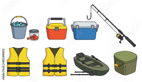 assortment of fishing gear and equipment 