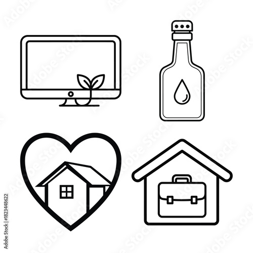 Line art icon set ecofriendly monitor, liquid bottle, home love, and work from home concept, isolated on white background