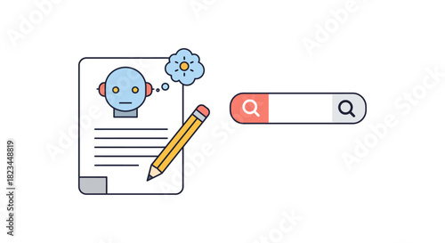 ai content creation robot writing articles with pencil brainstorming ideas for online search illustrating artificial intelligence concept.