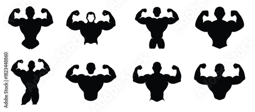 Bodybuilder Silhouette Icon Set - Muscle Flexing Vector Collection, Fitness Clipart