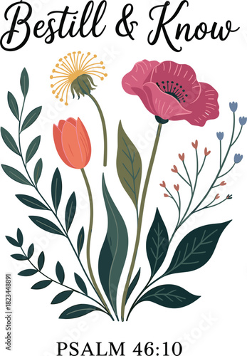 Floral Illustration with Bible Verse Bestill and Know Psalm 46 10 flowers leaves