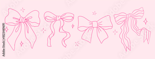 A set of cute and varied bows and gift ribbons. Trendy, hand-drawn, and whimsical style. Fashionable vector illustration.