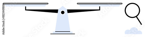Traditional balance scale stands parallel with a magnifying glass. Ideal for justice, equality, research, evaluation, analysis, decision-making, truth. A simple flat metaphor