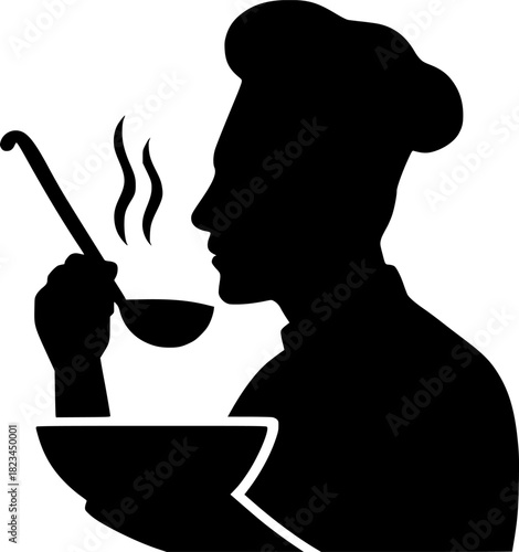 Chef Silhouette Smelling Hot Soup with Ladle, Black and White Vector Minimalist