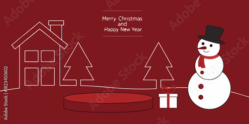 Minimalist red holiday scene with outlined house, trees, snowman, and gift box. Greeting reads: “Merry Christmas and Happy New Year.”