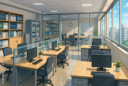 A minimalist office setup featuring a desk chair and plant