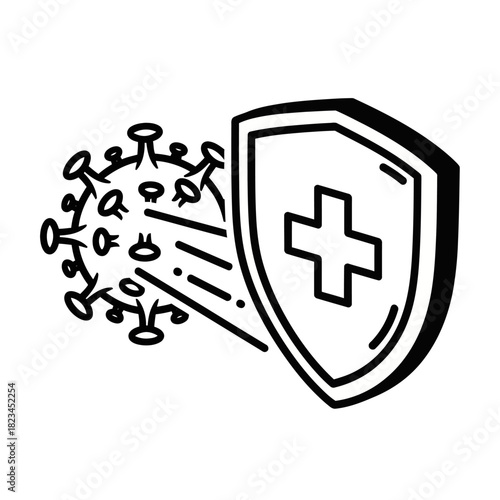 Immunity and Protection Concept: Medical Shield with Cross Defending Against Coronavirus or Viral Pathogen Outbreak. Health, Safety, and Disease Prevention Icon for Global Pandemic.