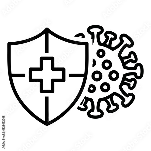 Immunity and Protection Concept: Medical Shield with Cross Defending Against Coronavirus or Viral Pathogen Outbreak. Health, Safety, and Disease Prevention Icon for Global Pandemic.