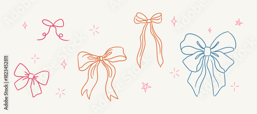 Cute graphic illustration showcasing collection of bows in pink, orange, and blue colors against light background with minimal stars