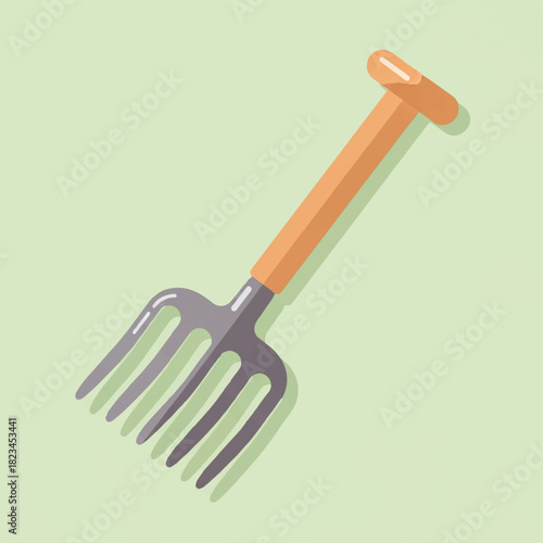 A flat illustration of a pitchfork with a wooden handle on a light green background