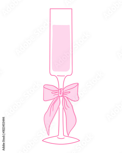 Elegant pink champagne glass with a ribbon for celebration events and special occasions in pastel style