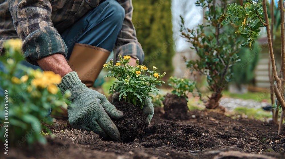 Fototapeta premium Lifestyle Image of Backyard Gardening with Blooming Plants and Soil Work