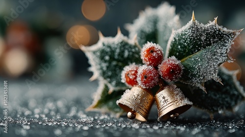 Frosted holly close-up cozy cabin holiday decor festive environment warm christmas spirit amidst family gatherings and cheerful caroling