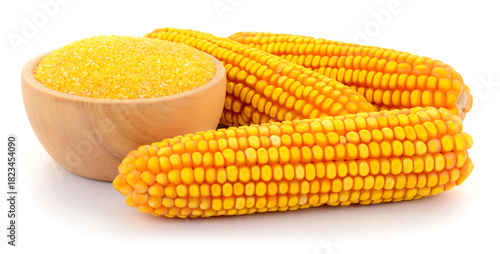 Corn cobs and corn grits isolated on white background