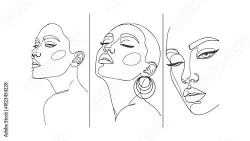 Continuous single line art drawing of three feminine faces, minimalist and elegant artistic expression