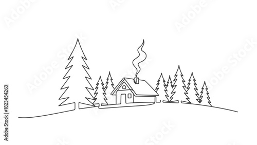 A continuous single line art drawing of a cozy cabin in a pine forest, minimalist landscape vector illustration