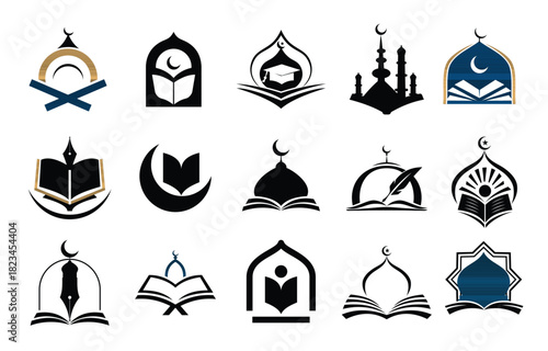 set of islam school icon logo book mosque education