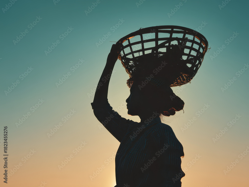 custom made wallpaper toronto digitalSilhouette of person carrying basket on their head is set against vibrant sunset sky, evoking sense of tradition and resilience