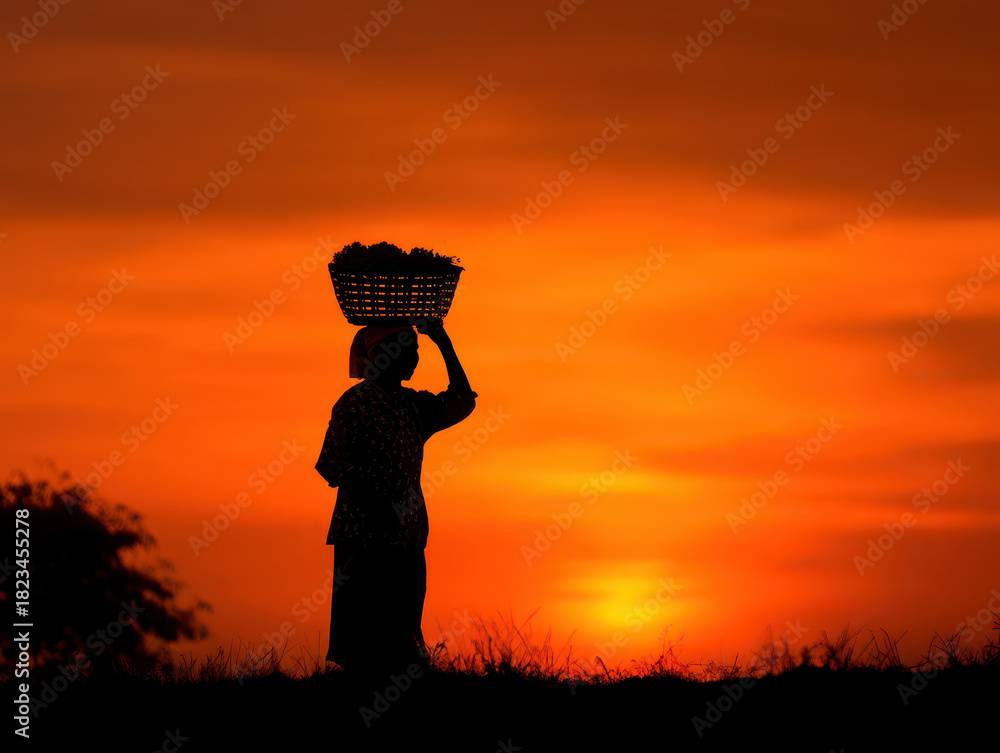 custom made wallpaper toronto digitalSilhouette of person carrying basket on their head is set against vibrant orange sunset sky, creating peaceful and serene scene. image captures essence of rural life and beauty of nature