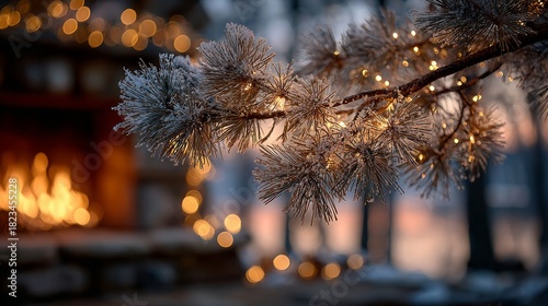 Cozy cabin family gathering by the fireplace christmas tree decorated with pine needles and lights festive spirit in a frosty environment