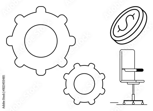 Two gears symbolize productivity, an office chair represents workplace dynamics, and a coin outlines monetary growth. Ideal for teamwork, productivity, financial success, management, innovation
