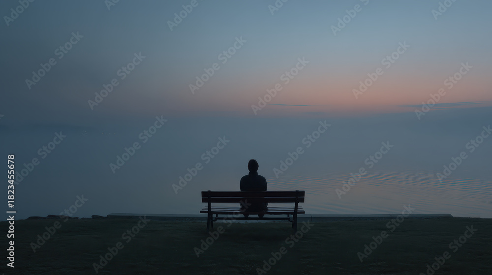 custom made wallpaper toronto digitalSolitary figure sits on bench overlooking tranquil lake at dusk, surrounded by serene and misty atmosphere. calm water reflects fading light of sunset, creating peaceful scene