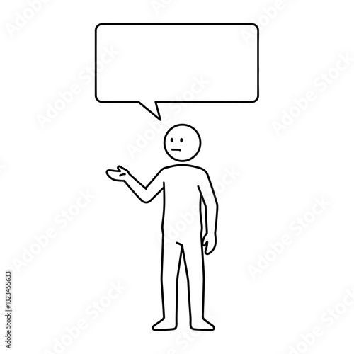 Stickman expressing doubt with open hands and a speech bubble. Clean vector illustration.