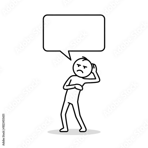 Stickman character with hand on chin and suspicious look. Minimalist line illustration.