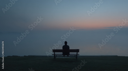 Wallpaper Mural Solitary figure sits on bench overlooking tranquil lake at dusk, surrounded by serene and misty atmosphere. calm water reflects fading light of sunset, creating peaceful scene Torontodigital.ca