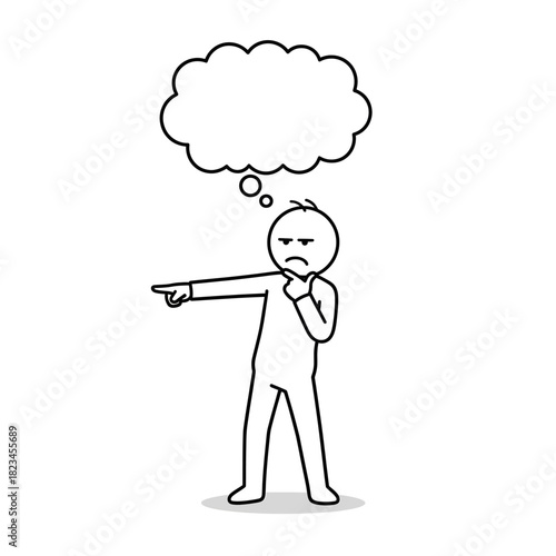 Stickman character pointing at something while thinking suspiciously. Clean vector style.