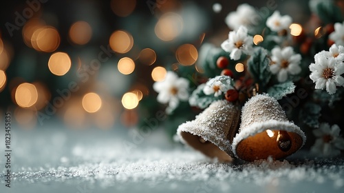 Cozy family gathering by the fireplace in a festive cabin with christmas tree frosted bells and warm lights