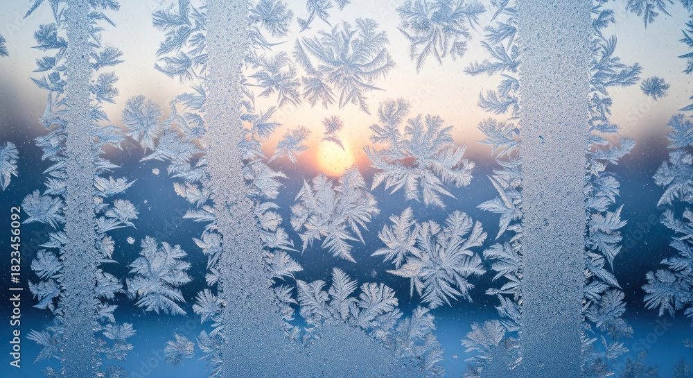 Obraz premium Detailed frost patterns on a windowpane against a blurry winter sunrise background