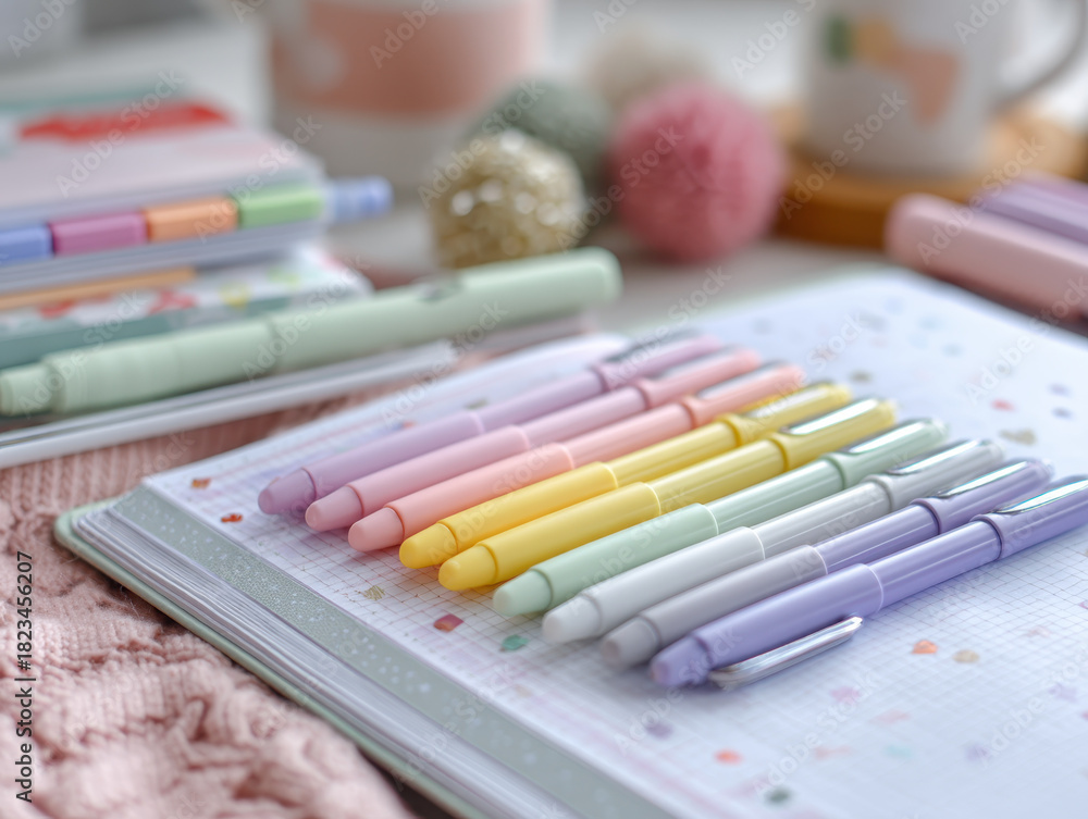 custom made wallpaper toronto digitalColorful pastel pens arranged neatly on dotted notebook create cheerful and organized workspace. soft hues of pink, yellow, green, and purple add playful touch to desk setup