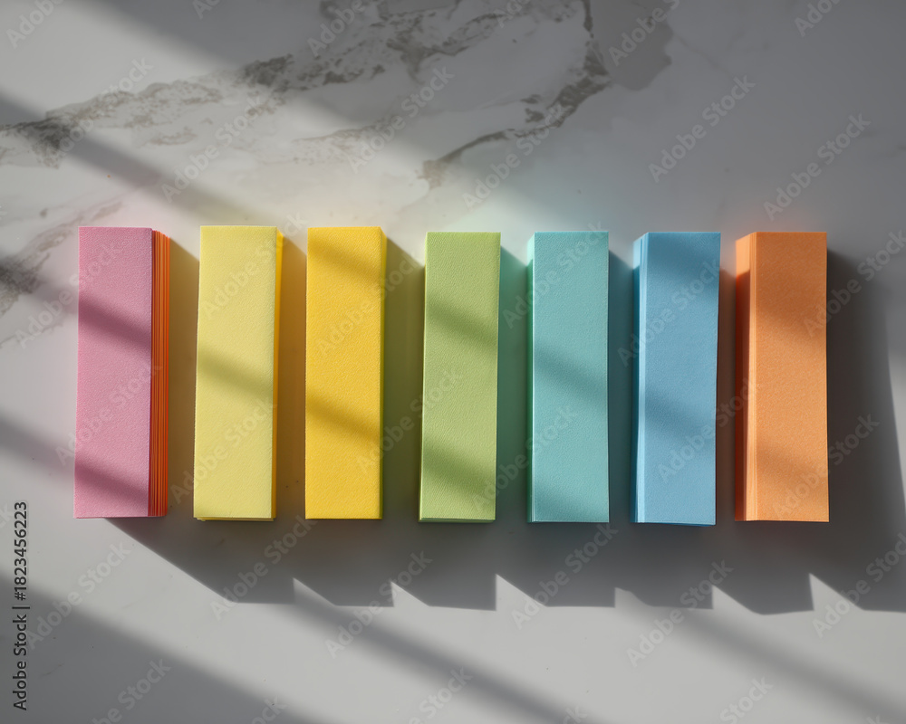 custom made wallpaper toronto digitalColorful sticky notes arranged in neat row on marble surface, casting soft shadows. vibrant colors include pink, yellow, green, blue, and orange, creating cheerful and organized appearance