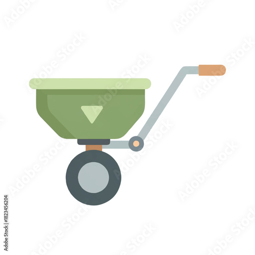 A green wheeled spreader with a handle