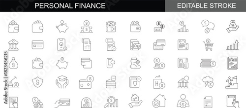 Personal finance line icon set – Includes money, investment income, loan and wealth. Editable stroke. Vector illustration.