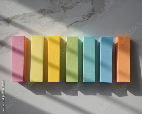Wallpaper Mural Colorful sticky notes arranged in neat row on marble surface, casting soft shadows. vibrant colors include pink, yellow, green, blue, and orange, creating cheerful and organized appearance Torontodigital.ca